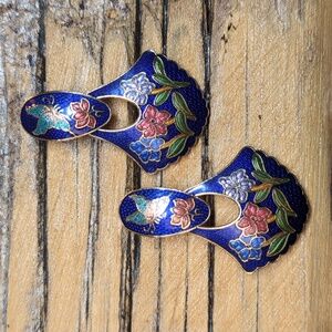 Vintage 90s Cloisonné Enamel Earrings Blue Butterfly Floral Statement Jewelry